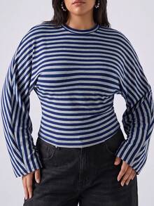 LYSMO Plus Size Women's Autumn/Winter Striped Colorblock Waist-Cinching Long Sleeve T-Shirt Fall - Multicolor - View 3