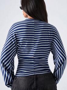 LYSMO Plus Size Women's Autumn/Winter Striped Colorblock Waist-Cinching Long Sleeve T-Shirt Fall - Multicolor - View 2