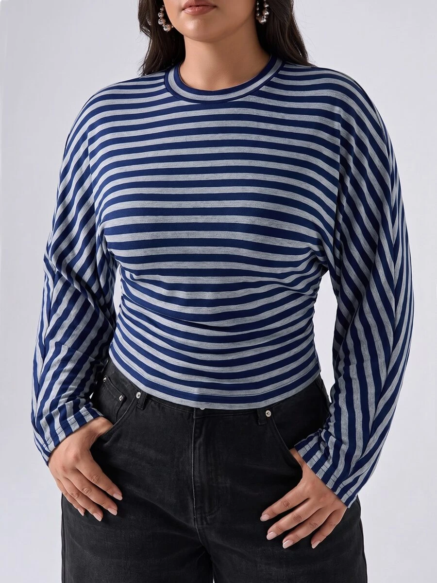 LYSMO Plus Size Women's Autumn/Winter Striped Colorblock Waist-Cinching Long Sleeve T-Shirt Fall - Multicolor - View 1