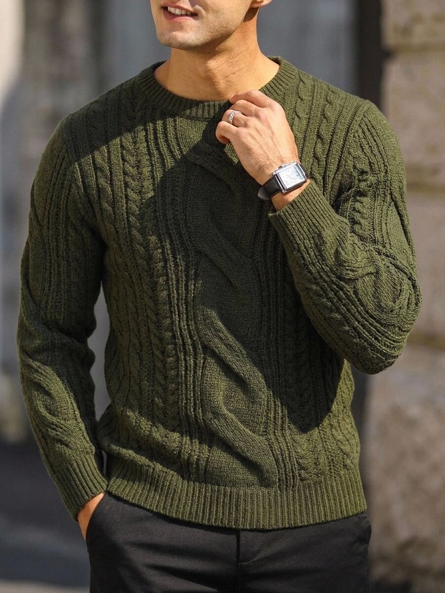 Manfinity Homme Old Money 男士純色粗繩編織圓領毛衣 休閒街頭風長袖厚實套頭衫 秋季徒步度假用 橄欖綠 - 墨綠色 - 查看 1