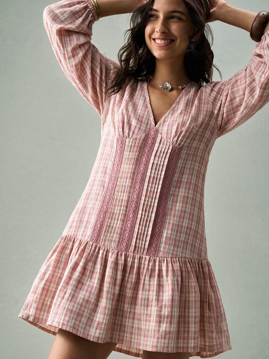 SHEIN Fall Elegant Cottagecore Boho Women Plaid Dress,Country Concert Western,Ruffle Peplum,Pleated Pink And White,Party Brunch Picnic,Goth