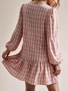 SHEIN Fall Elegant Cottagecore Boho Women Plaid Dress,Country Concert Western,Ruffle Peplum,Pleated Pink And White,Party Brunch Picnic,Goth - Pink - View 4