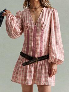 SHEIN Fall Elegant Cottagecore Boho Women Plaid Dress,Country Concert Western,Ruffle Peplum,Pleated Pink And White,Party Brunch Picnic,Goth - Pink - View 3