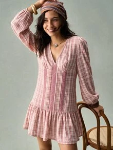 SHEIN Fall Elegant Cottagecore Boho Women Plaid Dress,Country Concert Western,Ruffle Peplum,Pleated Pink And White,Party Brunch Picnic,Goth - Pink - View 5
