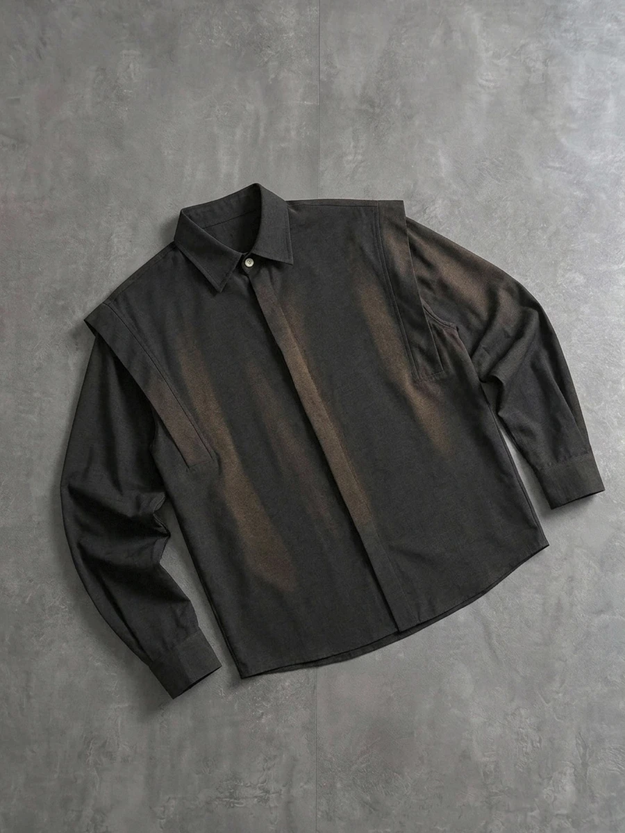Manfinity CasualKnits Men's Casual Classy Versatile Solid Color Long Sleeve Structural Edition Shirt,Cargo/ Work Office Black Summer - Black - View 1