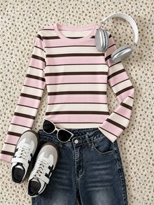 SHEIN Sparklyn 青少年女孩粉色條紋拼接修身貼身長袖休閒學院風上衣 T-shirt 童裝秋季校園上衣 - 彩色 - 查看 3