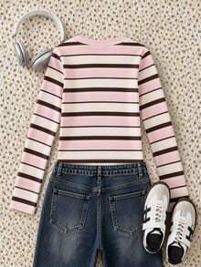 SHEIN Sparklyn 青少年女孩粉色條紋拼接修身貼身長袖休閒學院風上衣 T-shirt 童裝秋季校園上衣 - 彩色 - 查看 4