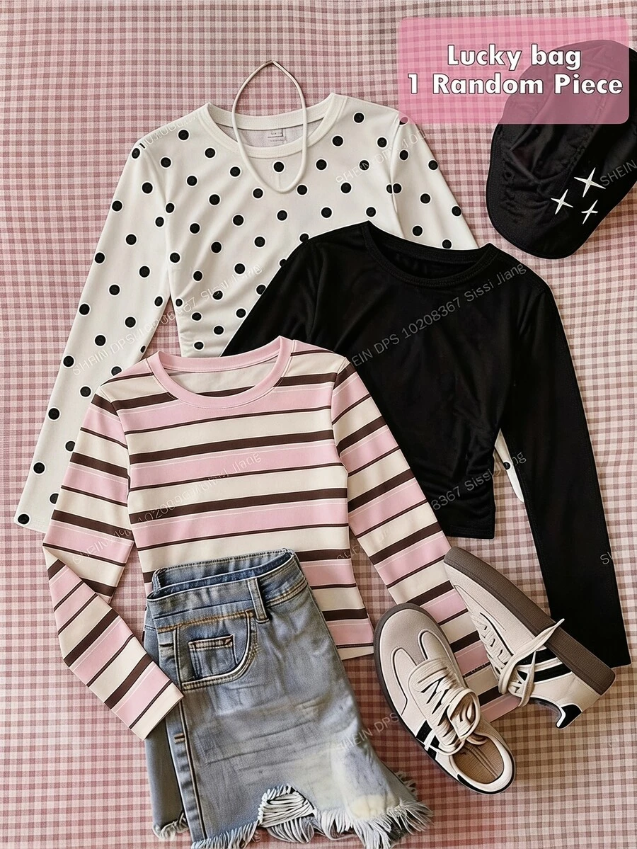 SHEIN Sparklyn 青少年女孩粉色條紋拼接修身貼身長袖休閒學院風上衣 T-shirt 童裝秋季校園上衣 - 彩色 - 查看 1