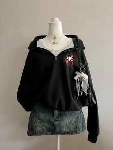 SHEIN Elladie kids 女童休閒極簡愛心蜘蛛網與黑色蜘蛛圖案半拉鍊落肩抓絨衛衣，復古黑與深紅色，街頭復古風，舒適易穿，兒童秋季疊穿，Y2K，運動風，外出，街頭風，校園，萬聖節，時尚，Y2K - 彩色 - 查看 5