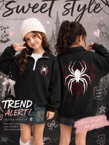 SHEIN Elladie kids 女童休閒極簡愛心蜘蛛網與黑色蜘蛛圖案半拉鍊落肩抓絨衛衣，復古黑與深紅色，街頭復古風，舒適易穿，兒童秋季疊穿，Y2K，運動風，外出，街頭風，校園，萬聖節，時尚，Y2K - 彩色 - 查看 3