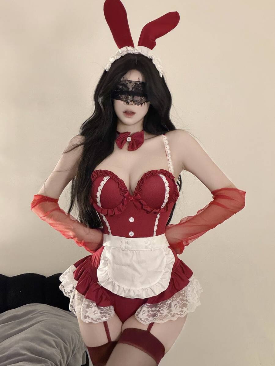 Dansine Bunny Girl Cosplay Sexy Lingerie Set - Burgundy - View 1