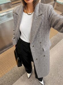 Struktiv Women's Loose Mixed Color Blended Wool Long Coat, Lapel Collar With Pockets Tweed Jacket, Autumn/Winter - Multicolor - View 5
