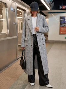 Struktiv Women's Loose Mixed Color Blended Wool Long Coat, Lapel Collar With Pockets Tweed Jacket, Autumn/Winter - Multicolor - View 4