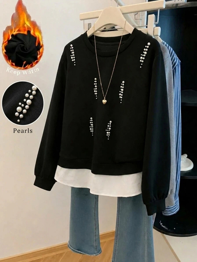 GlowEve CURVE Plus Size Women's Korean Style Casual 2 In 1 Sweatshirt, Soft Skin-Friendly Air Layer Fabric, Round Neck, Handmade Pearl Beaded Patchwork, White Trim Hem, Loose Long Sleeve Pullover Top