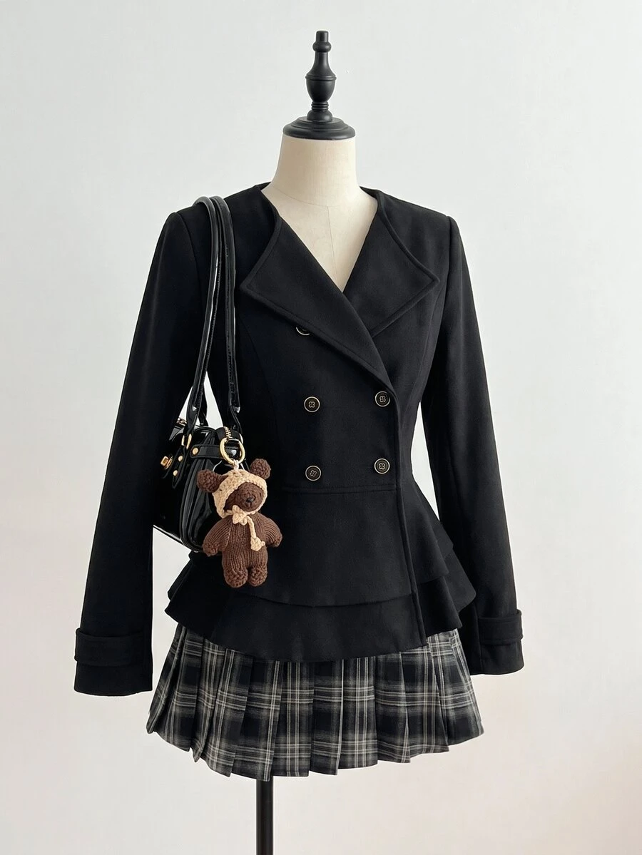 Elamini Women's Autumn/Winter Vintage Fashion Versatile Daily Commute Streetwear Double-Layer Ruffle Patchwork Button Decor Lapel Long Sleeve Black Overcoat - Black - View 1