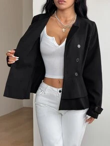Elamini Women's Autumn/Winter Vintage Fashion Versatile Daily Commute Streetwear Double-Layer Ruffle Patchwork Button Decor Lapel Long Sleeve Black Overcoat - Black - View 8