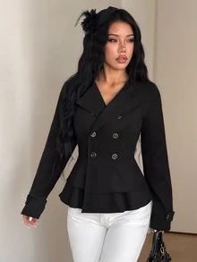 Elamini Women's Autumn/Winter Vintage Fashion Versatile Daily Commute Streetwear Double-Layer Ruffle Patchwork Button Decor Lapel Long Sleeve Black Overcoat - Black - View 4