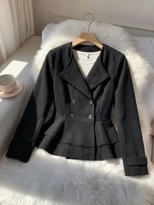 Elamini Women's Autumn/Winter Vintage Fashion Versatile Daily Commute Streetwear Double-Layer Ruffle Patchwork Button Decor Lapel Long Sleeve Black Overcoat - Black - View 7
