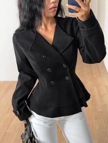 Elamini Women's Autumn/Winter Vintage Fashion Versatile Daily Commute Streetwear Double-Layer Ruffle Patchwork Button Decor Lapel Long Sleeve Black Overcoat - Black - View 3