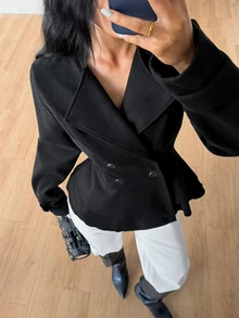 Elamini Women's Autumn/Winter Vintage Fashion Versatile Daily Commute Streetwear Double-Layer Ruffle Patchwork Button Decor Lapel Long Sleeve Black Overcoat - Black - View 5
