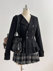 Elamini Women's Autumn/Winter Vintage Fashion Versatile Daily Commute Streetwear Double-Layer Ruffle Patchwork Button Decor Lapel Long Sleeve Black Overcoat - Black - View 6