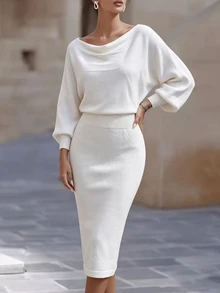 Balvessa Women's Solid Color Cowl Neck Batwing Long Sleeve Fitted Elegant Knit Dress - White - View 6