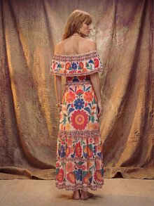 Fembélia Women's Elegant Vintage Off-Shoulder Detachable Strap + Matching Printed Mesh Pleated Skirt, Spring/Summer - Multicolor - View 9