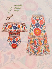 Fembélia Women's Elegant Vintage Off-Shoulder Detachable Strap + Matching Printed Mesh Pleated Skirt, Spring/Summer - Multicolor - View 6
