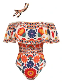 Fembélia Women's Elegant Vintage Off-Shoulder Detachable Strap + Matching Printed Mesh Pleated Skirt, Spring/Summer - Multicolor - View 3