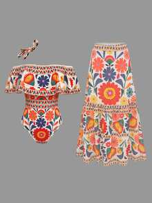 Fembélia Women's Elegant Vintage Off-Shoulder Detachable Strap + Matching Printed Mesh Pleated Skirt, Spring/Summer - Multicolor - View 8