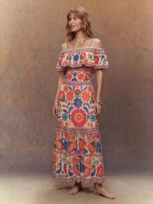 Fembélia Women's Elegant Vintage Off-Shoulder Detachable Strap + Matching Printed Mesh Pleated Skirt, Spring/Summer - Multicolor - View 1