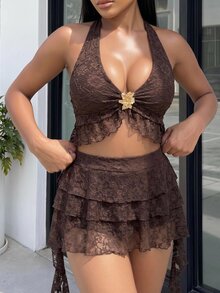 Fembélia Women's Solid Color Ruffle Hem Casual Disco Sexy Versatile Daily Vacation Skirt Brown Floral Summer Party Night Date - Brown - View 4