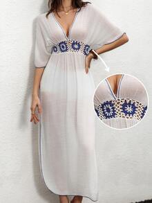 Fembélia Women's Crochet Lace Cover Up And Patchwork Skirt Set Summer - White - View 3