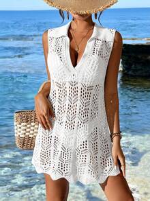 Fembélia Women Solid Color Turndown Collar Shell Trim See-Through Sleeveless Beach Dress Summer - White - View 5