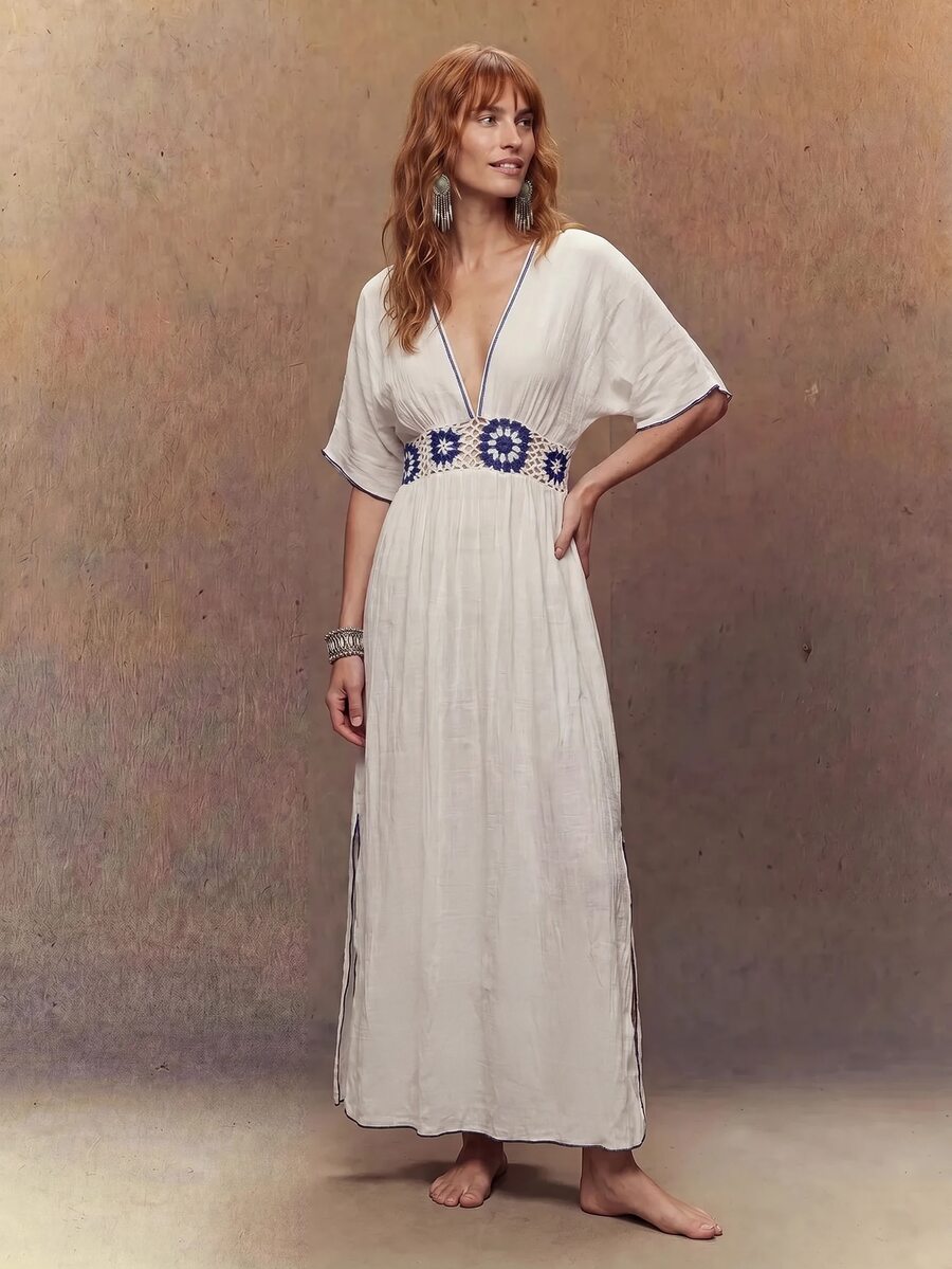 Fembélia Elegant Tropical Navy Blue And White Deep V-Neck Cotton Dress, Suitable For Vacation Beach Summer - White - View 1