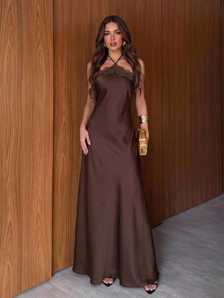 Aloruh Gaun Satin Cokelat Ekstra Panjang dengan Hiasan Renda, Gaun Pesta Elegan untuk Malam Tahun Baru dan Musim Gugur, Gaun Panjang Elegan untuk Pesta. - Coffee Brown - View 4