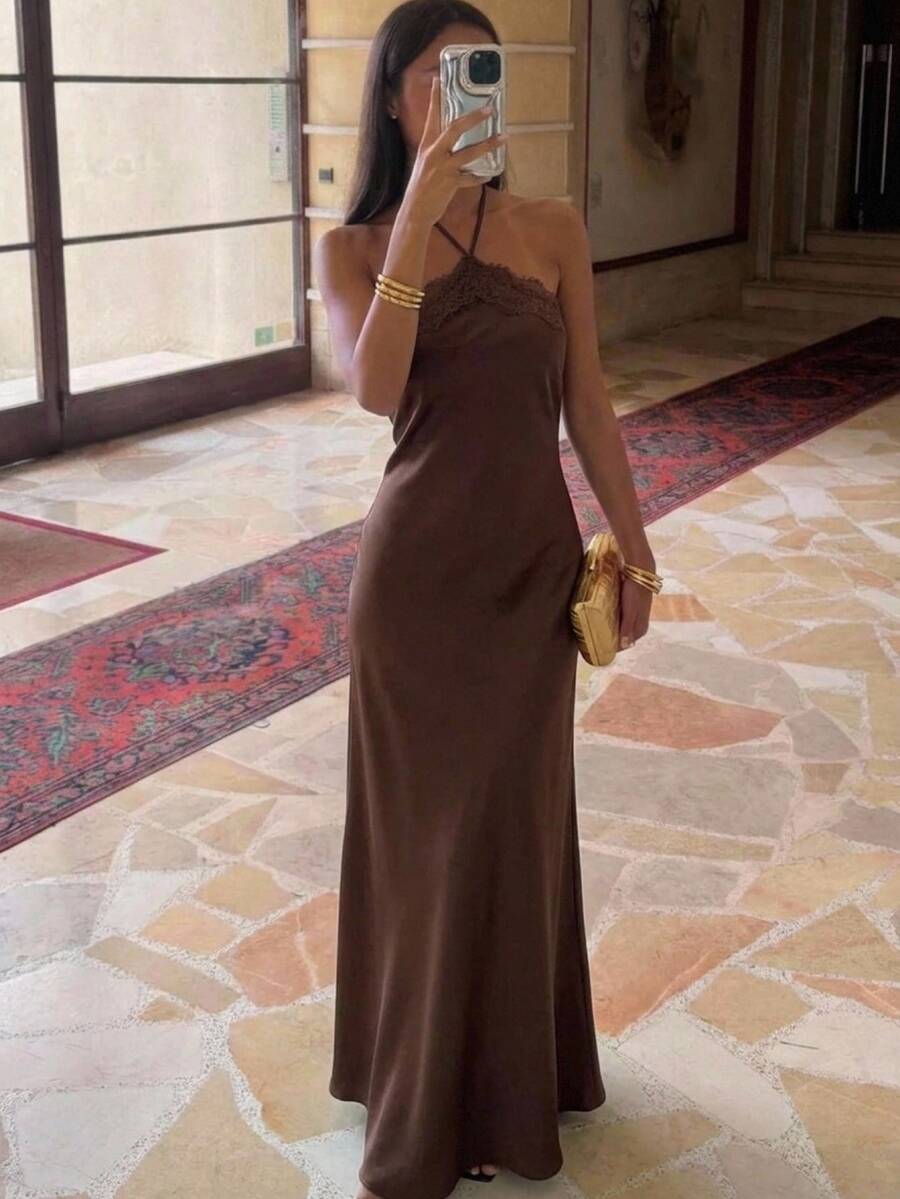 Aloruh Brown Satin Extra Long Dress Lace Patchwork Elegant Party New Year's Eve Autumn Clothes Elegant Long Dress Party Dresses - Coffee Brown - View 1