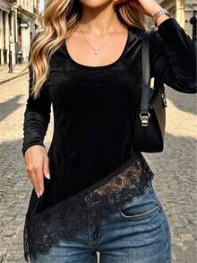 Ritzy Row Women's Lace Patchwork Casual Versatile Daily Wear Blouse - Black - View 1