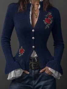 LUMIGAL Women's Floral Embroidered Single-Breasted Cardigan With Ruffle Hem - Black - View 1
