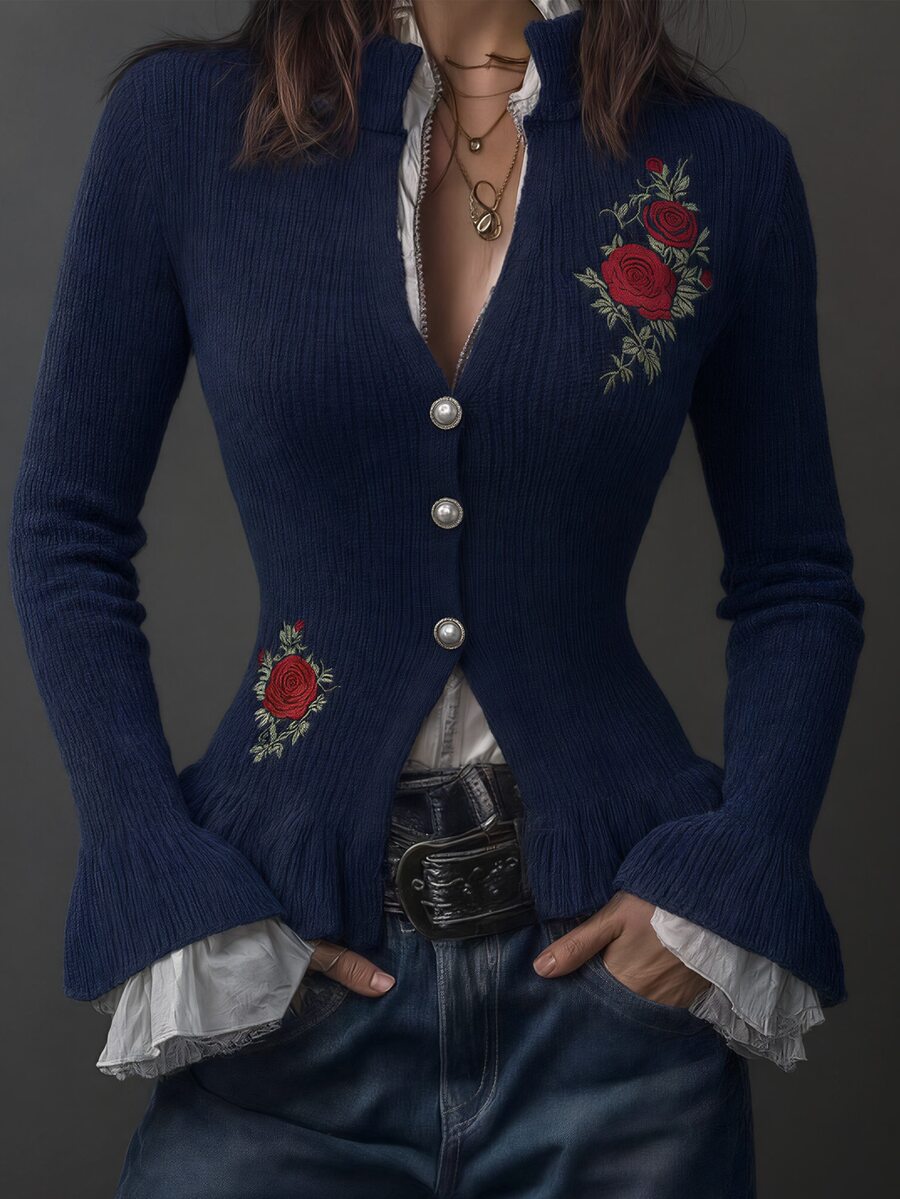 LUMIGAL Women's Floral Embroidered Single-Breasted Cardigan With Ruffle Hem - Black - View 1