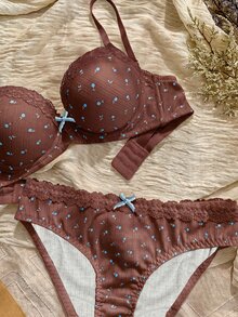 Napfluff Cute Ditsy Floral Pattern Comfortable Skin-Friendly Jacquard Fabric Contrast Lace Design Daily Underwire Women's Lingerie Set 2pcs - Brown - View 6