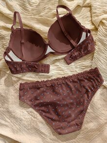 Napfluff Cute Ditsy Floral Pattern Comfortable Skin-Friendly Jacquard Fabric Contrast Lace Design Daily Underwire Women's Lingerie Set 2pcs - Brown - View 2