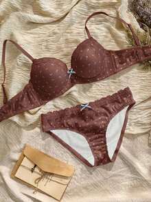 Napfluff Cute Ditsy Floral Pattern Comfortable Skin-Friendly Jacquard Fabric Contrast Lace Design Daily Underwire Women's Lingerie Set 2pcs - Brown - View 4