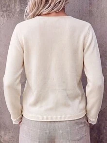 Holdful Holdful Women's Solid Color Long Sleeve Single-Breasted Contrast Lace Knit Cardigan - White - View 2