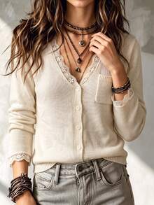Holdful Holdful Women's Solid Color Long Sleeve Single-Breasted Contrast Lace Knit Cardigan - White - View 4