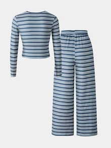 SHEIN Tween Girls Fall Tops Striped Long Sleeve T-Shirt And Pants Set, Casual, Minimalist, Loose, Knit, Back To School, Flare, Fall Clothes - Blue - View 6