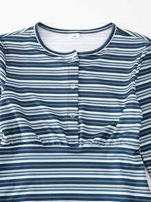 SHEIN Tween Girls Fall Tops Striped Long Sleeve T-Shirt And Pants Set, Casual, Minimalist, Loose, Knit, Back To School, Flare, Fall Clothes - Blue - View 5