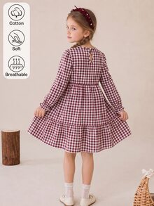 SHEIN 少女秋季格紋長袖蝴蝶結彼得潘領荷葉邊下擺休閒可愛復古洋裝，適合學校與假期，酒紅色 - 酒紅色 - 查看 2