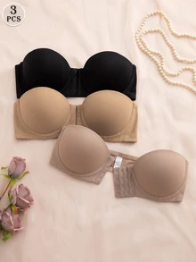 DesireSculpt 3pcs/Set Multi-Color Balcony Bra Front Closure Push Up Bra, Convertible Spaghetti Strap & Spaghetti Strap - Multicolor - View 4