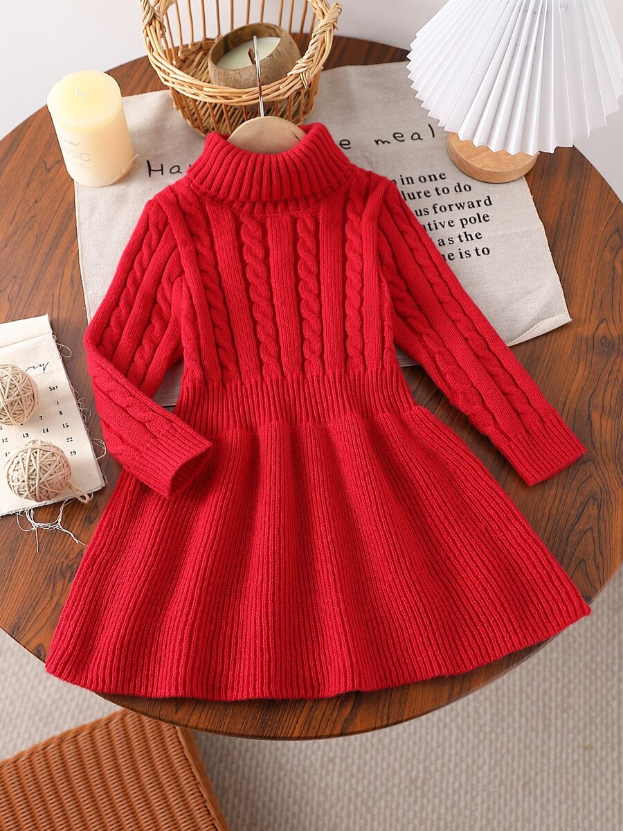 SHEIN فستان كنزة صوفية محبوكة بياقة عالية وقصة A-Line للفتيات الصغيرات لعيد الميلاد في فصل الخريف
